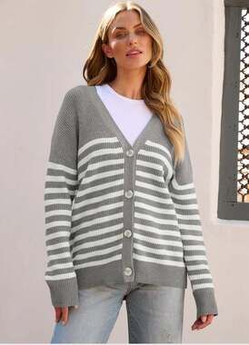 MEROKEETY Women's Striped Cardigan Sweater Open Front  Button Tweed Knit soft